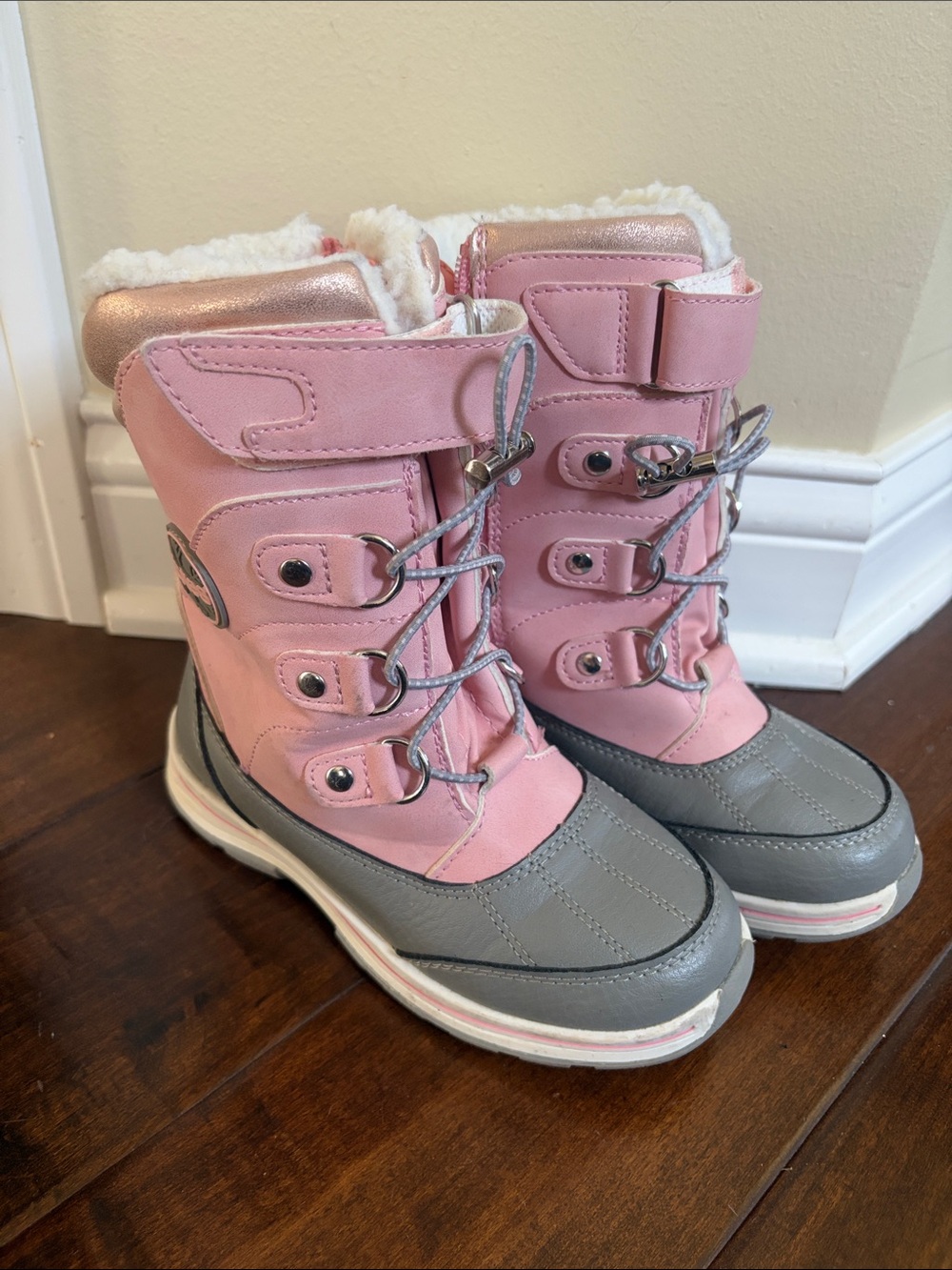 totes Pink and Gray Kids Waterproof Winter Boots with Faux Fur Trim